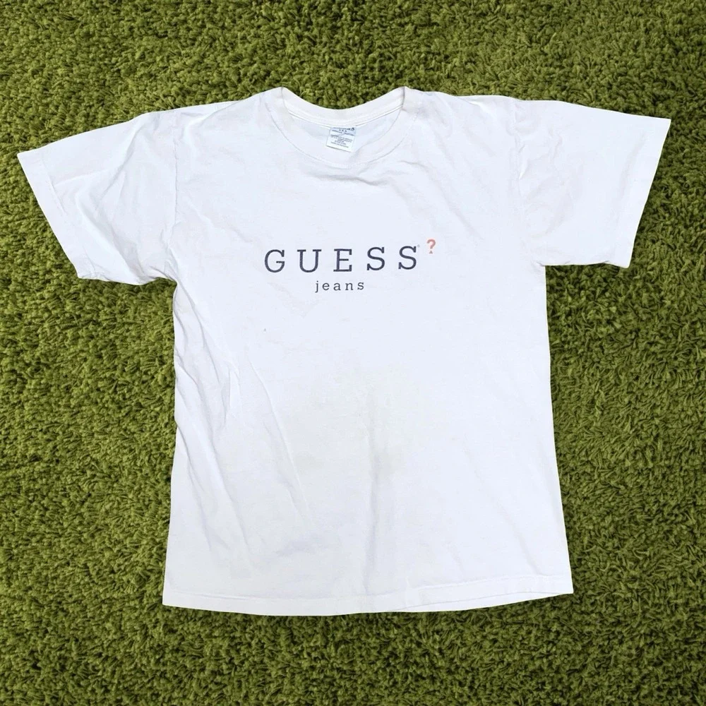 Vintage Guess Jeans T Shirt Mens M White Spell Out Logo USA Cotton Tee - Picture 1 of 6